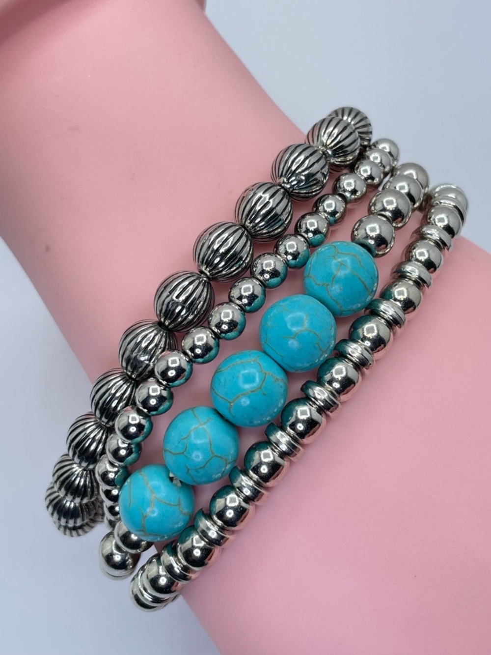 Silver Tone Turquoise Howlite Beaded Stack Stretch Bracelet Set